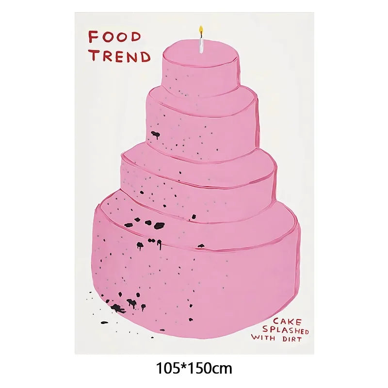 A pink tiered cake photo backdrop with a distressed look, featuring black splatters resembling dirt on the frosting.