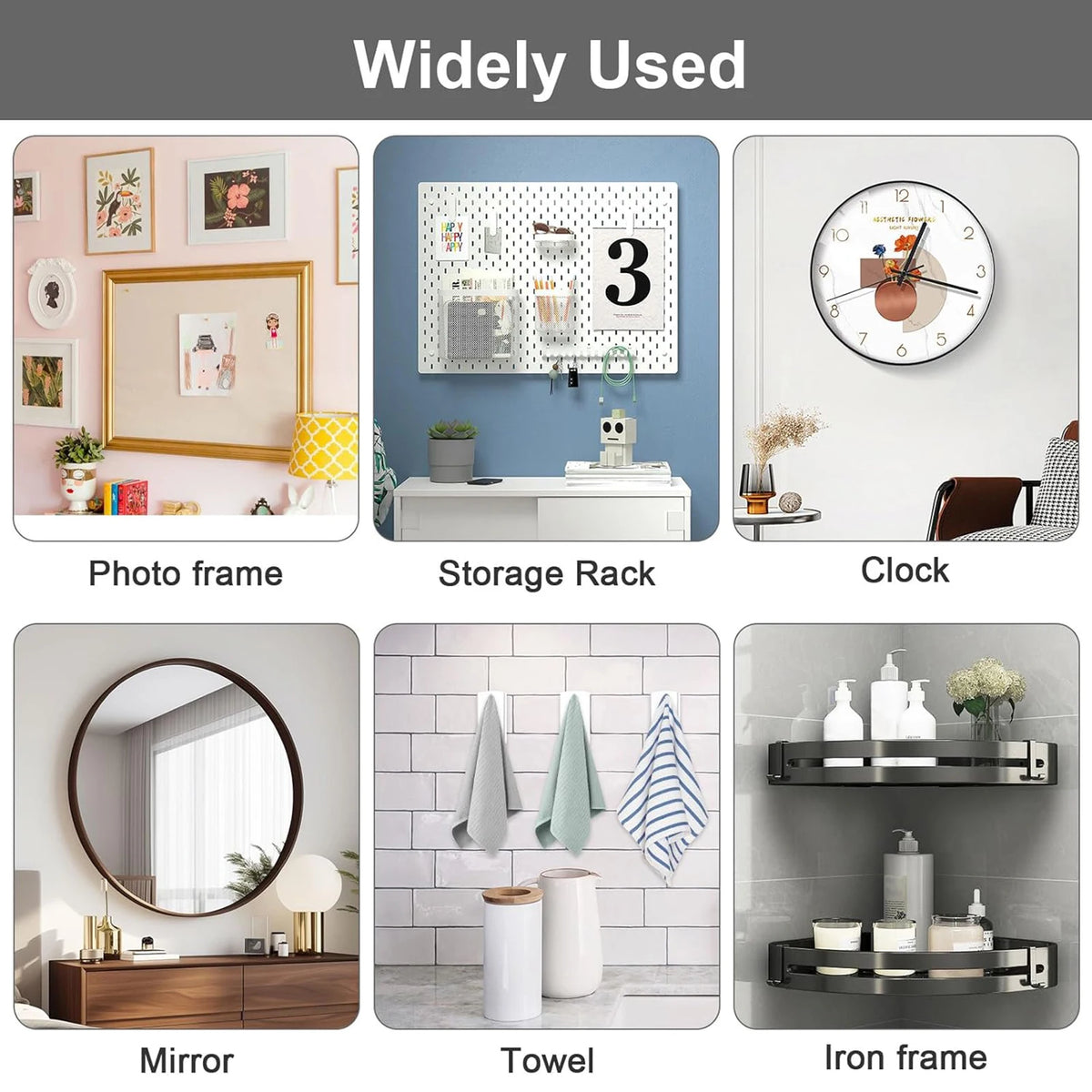 A collection of household items including a photo frame, storage rack, clock, mirror, towel, and iron frame.