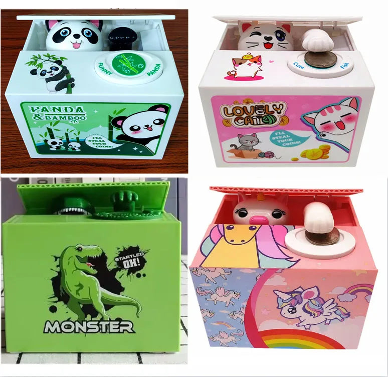 A collection of three interactive coin banks featuring panda, cat, and monster designs for children.