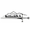 Black silhouette of a sword resting on a mountain landscape with figures in the foreground.