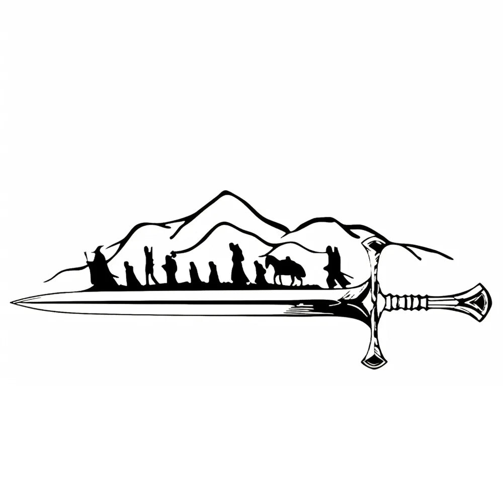 Black silhouette of a sword resting on a mountain landscape with figures in the foreground.