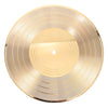 A round, brass-colored vinyl record wall clock with concentric rings and a central white pivot point.