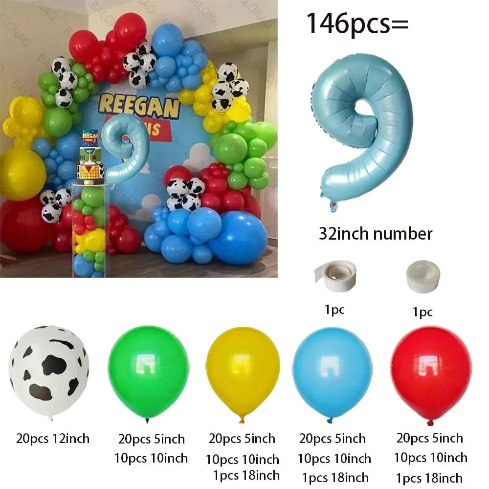 A colorful latex balloon garland kit featuring balloons in various colors and sizes, including a large number balloon.