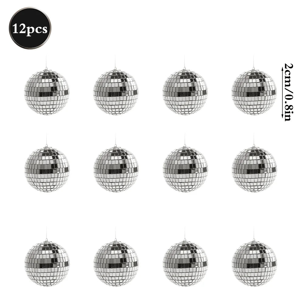 A set of twelve silver mirror balls with hanging hooks.
