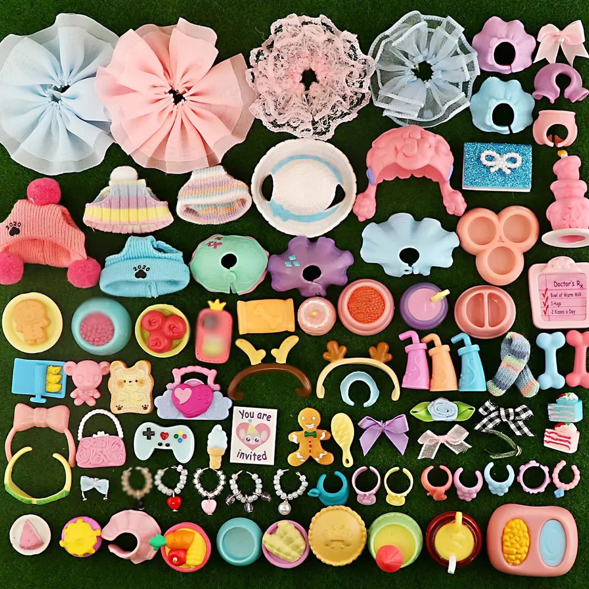 A variety pack of 35 mini pet shop accessories including silicone toys, jewelry, and small items in various colors.