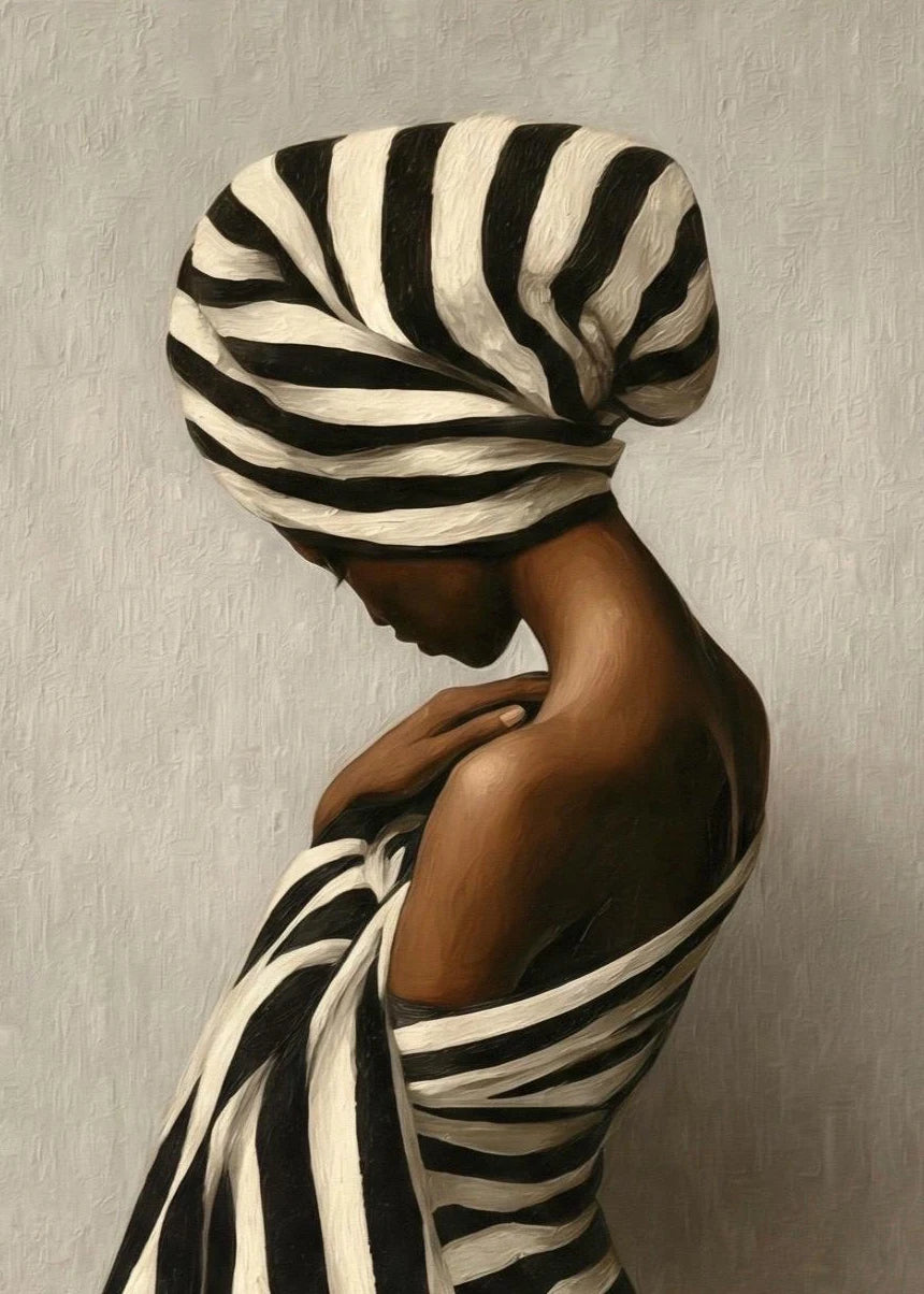 Abstract African Woman Canvas Art – Black & White Striped Print