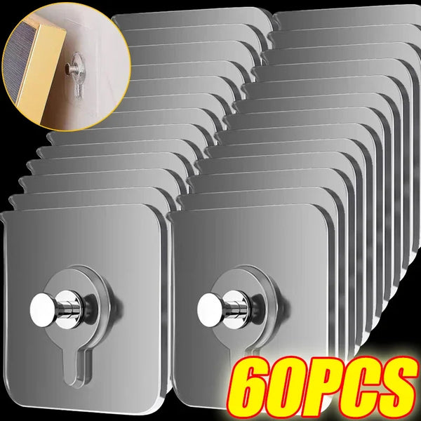 A set of 60 transparent self-adhesive wall hooks for pictures and frames shown in a stack.