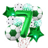 A set of green and white football shaped helium foil balloons for birthday party decorations