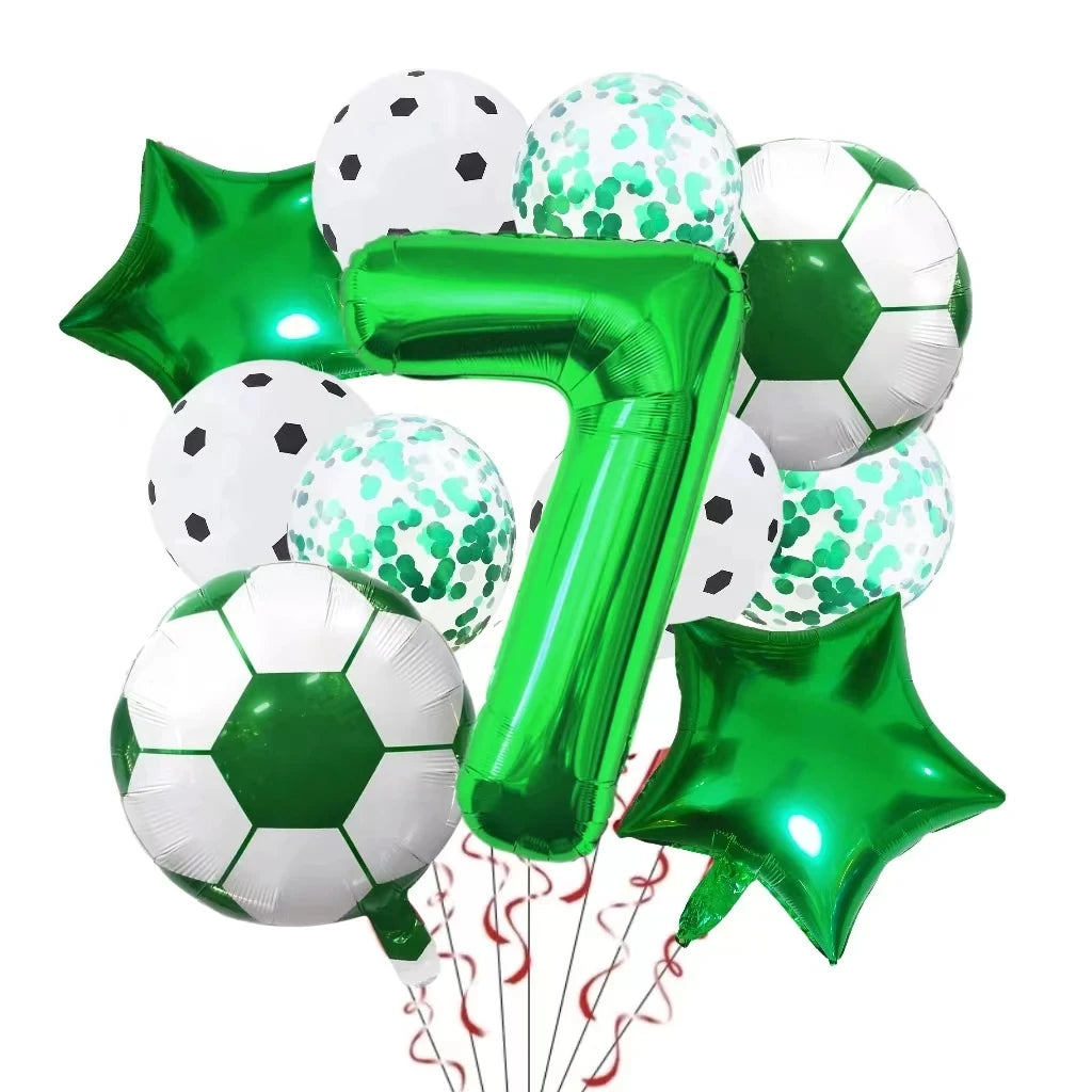 A set of green and white football shaped helium foil balloons for birthday party decorations