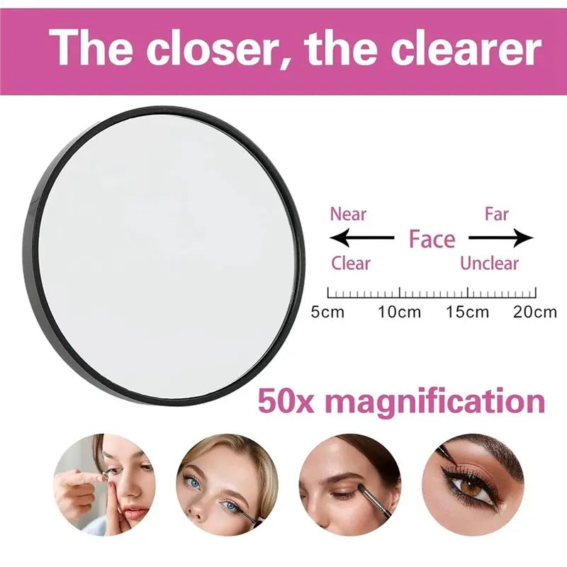 A round magnifying makeup mirror showing various facial features at different distances.