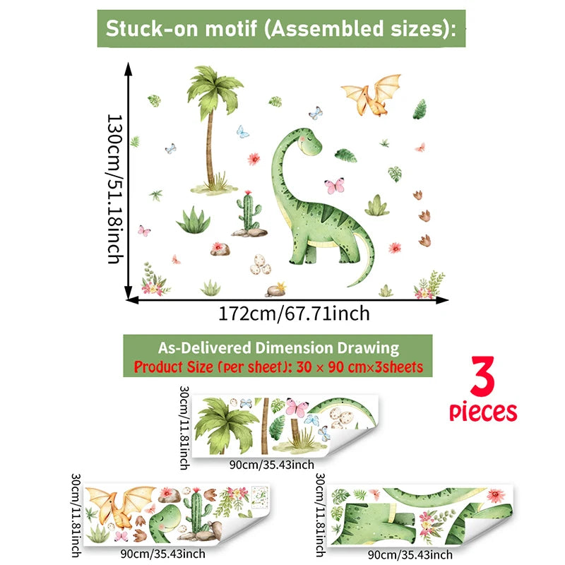 Asssembled sizes of a dinosaur motif wall stickers showing various sized dinosaurs and tropical leaves