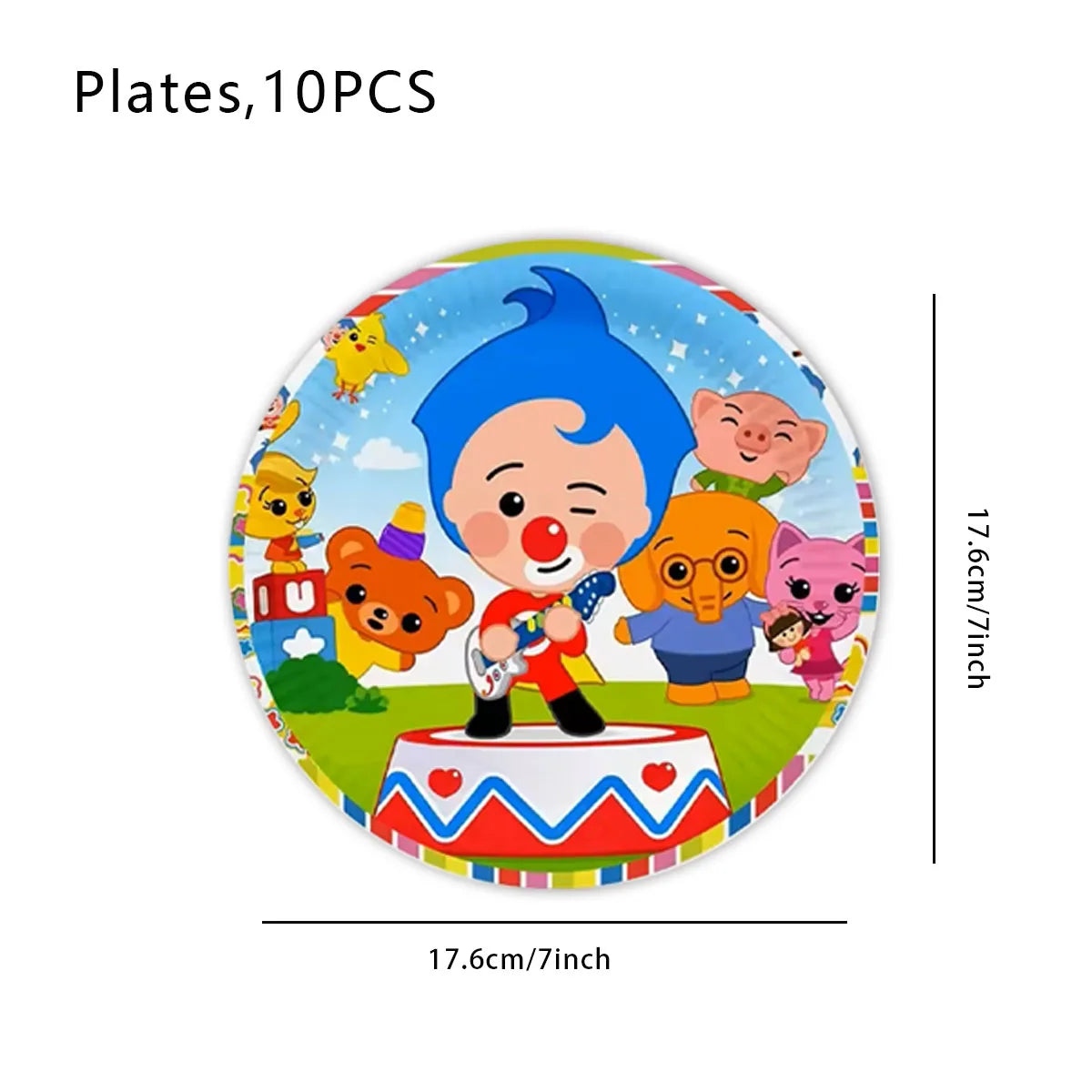 A circular plate featuring cartoon circus characters including a blue-haired boy, an orange bear, and a pink cat.