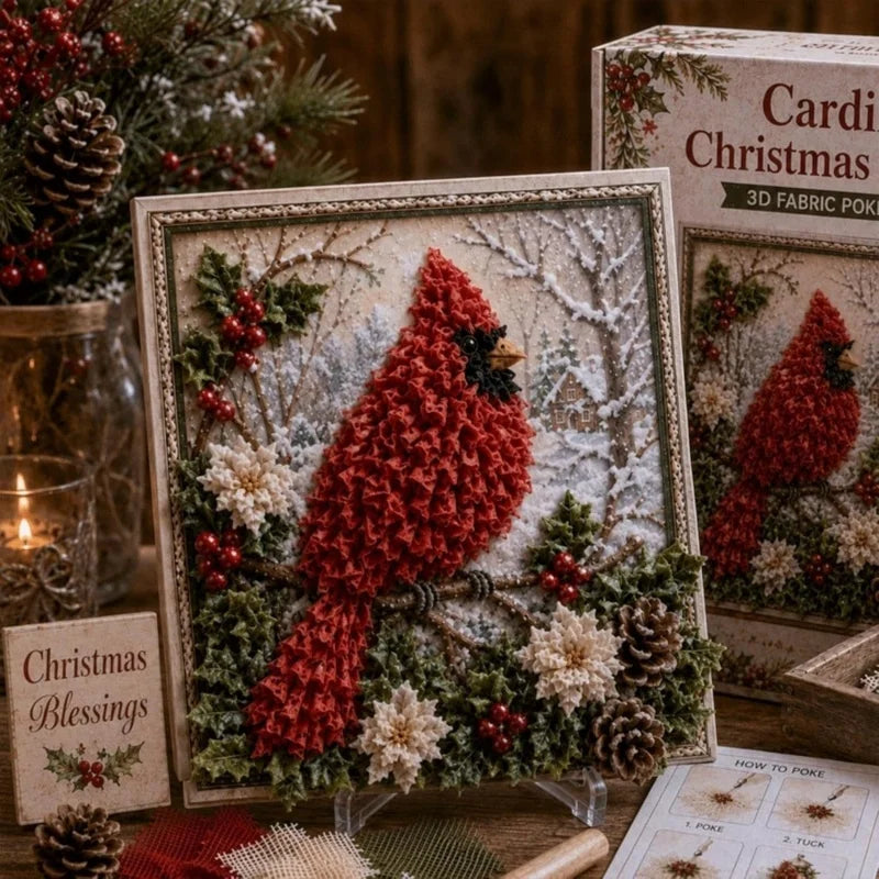A framed Christmas 3D fabric poke art kit featuring a red bird in a winter forest scene with greenery and snow.