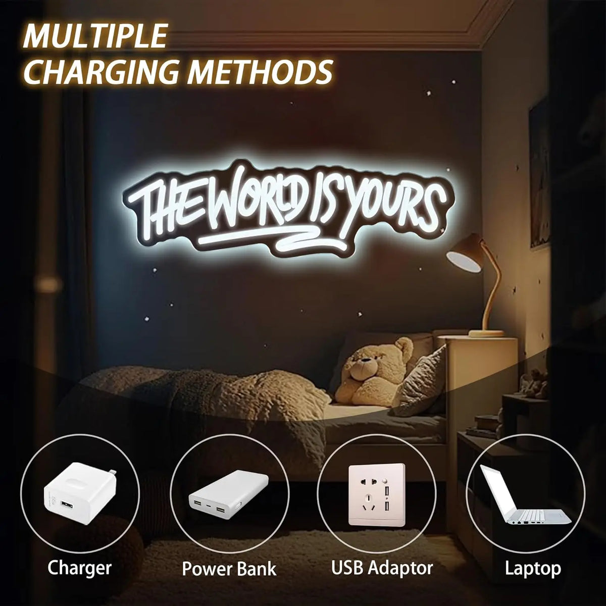 Multiple charging methods displayed on a shelf including a charger, power bank, USB adapter, and laptop.