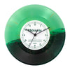 A vintage vinyl record wall clock with a transparent green cover displaying the time.