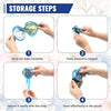 Storage steps for a portable foldable cooling handheld fan showing how to twist, press, secure, and store the product.