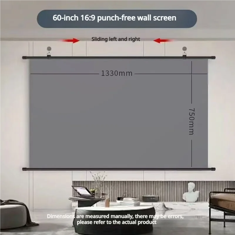 A 60-inch 16:9 punch-free wall screen is shown mounted on a wall, with dimensions marked.