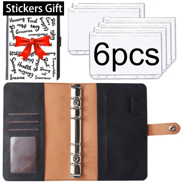 A set of six stickers with a red bow on an A6 PU leather budget planner binder.