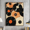 A canvas art print featuring a collection of black vinyl records with orange labels against a beige background.
