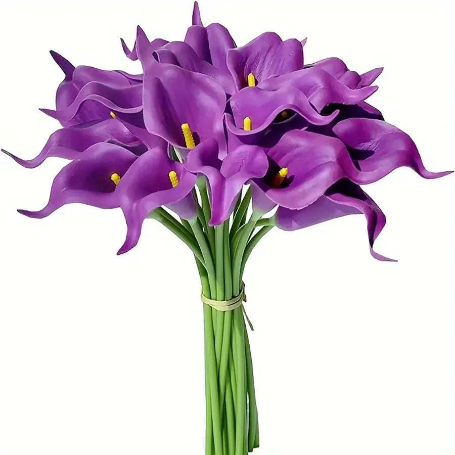 A bouquet of five purple calla lily stems for decoration.