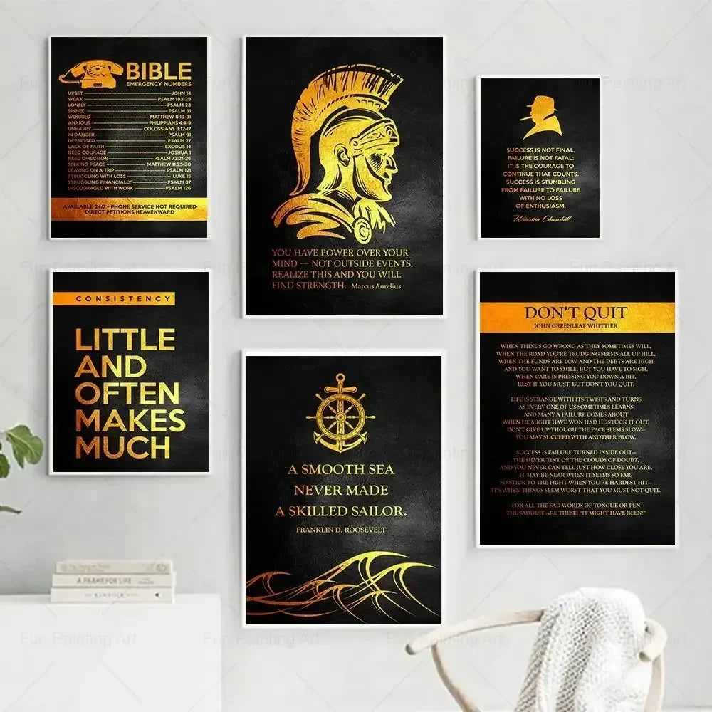A set of five motivational quote canvas wall art prints featuring text on black backgrounds with gold and white typography