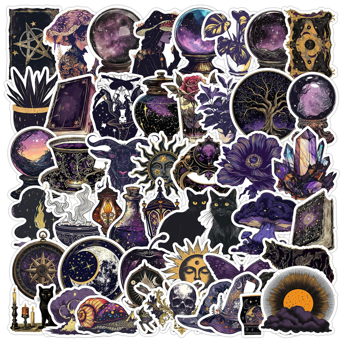 Colección de calcomanías góticas oscuras con calaveras, murciélagos, símbolos místicos y elementos en tonos morado y negro.