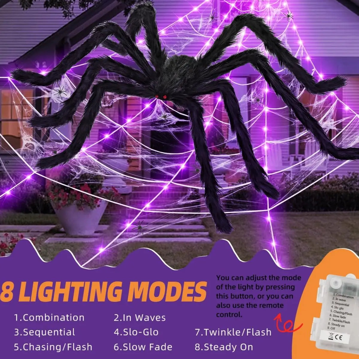 Giant purple spider web Halloween light featuring a large black spider and eight lighting modes