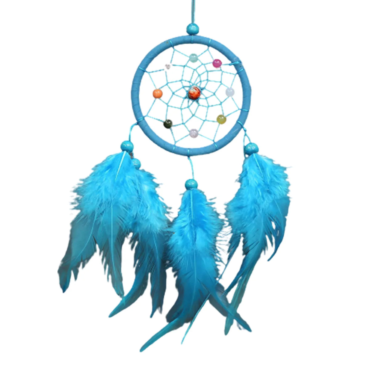 Handmade boho feather dream catcher with blue feathers and a circular web design