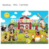 A colorful illustration of farm animals and people celebrating a happy birthday with a wooden barn backdrop.