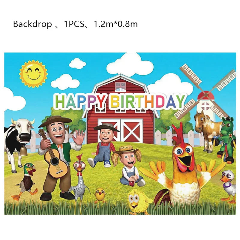 A colorful illustration of farm animals and people celebrating a happy birthday with a wooden barn backdrop.