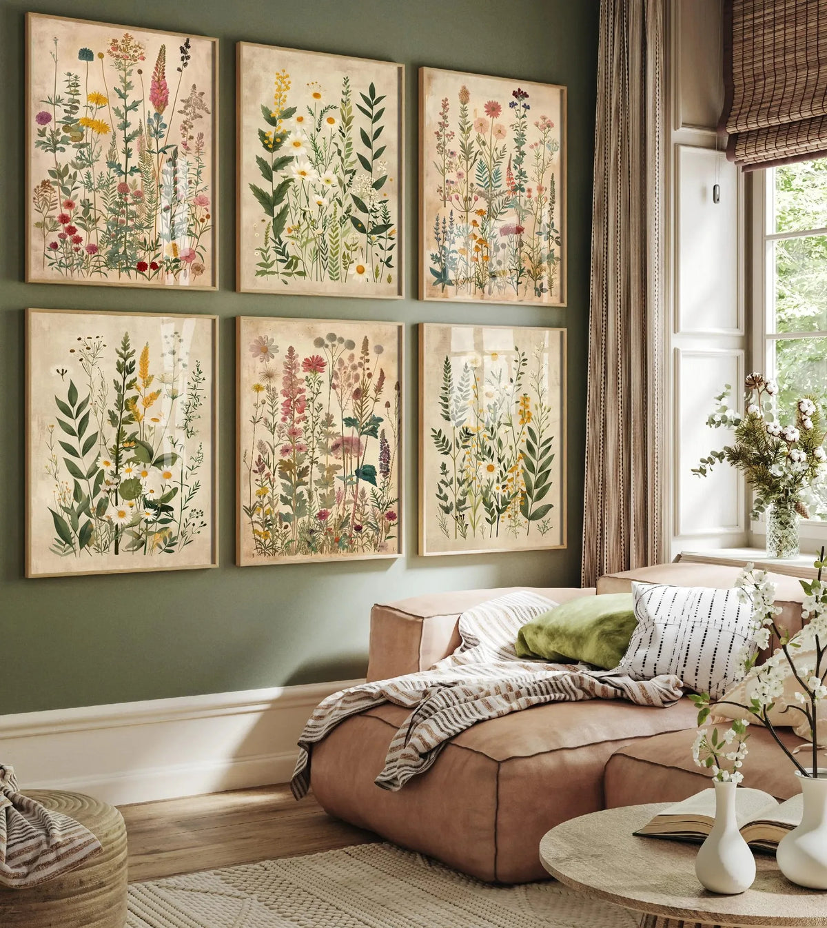 A set of three framed canvas prints depicting retro wildflower landscapes on a muted green wall.