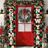 A festive Christmas door banner featuring a red door decorated with greenery and holiday greetings.