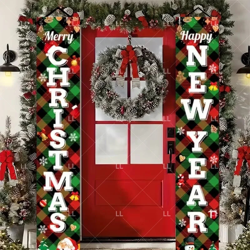 A festive Christmas door banner featuring a red door decorated with greenery and holiday greetings.