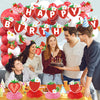 A colorful strawberry theme birthday party decoration set featuring banners, ornaments, and festive elements.