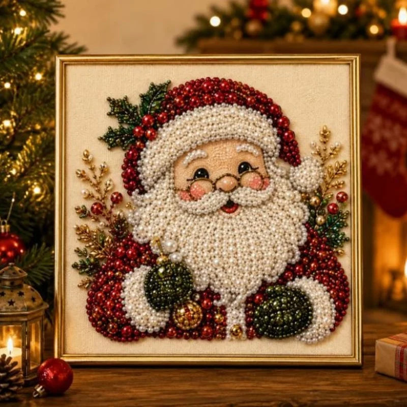 A framed painting depicting Santa Claus with a white beard surrounded by red and green pearls and foliage.