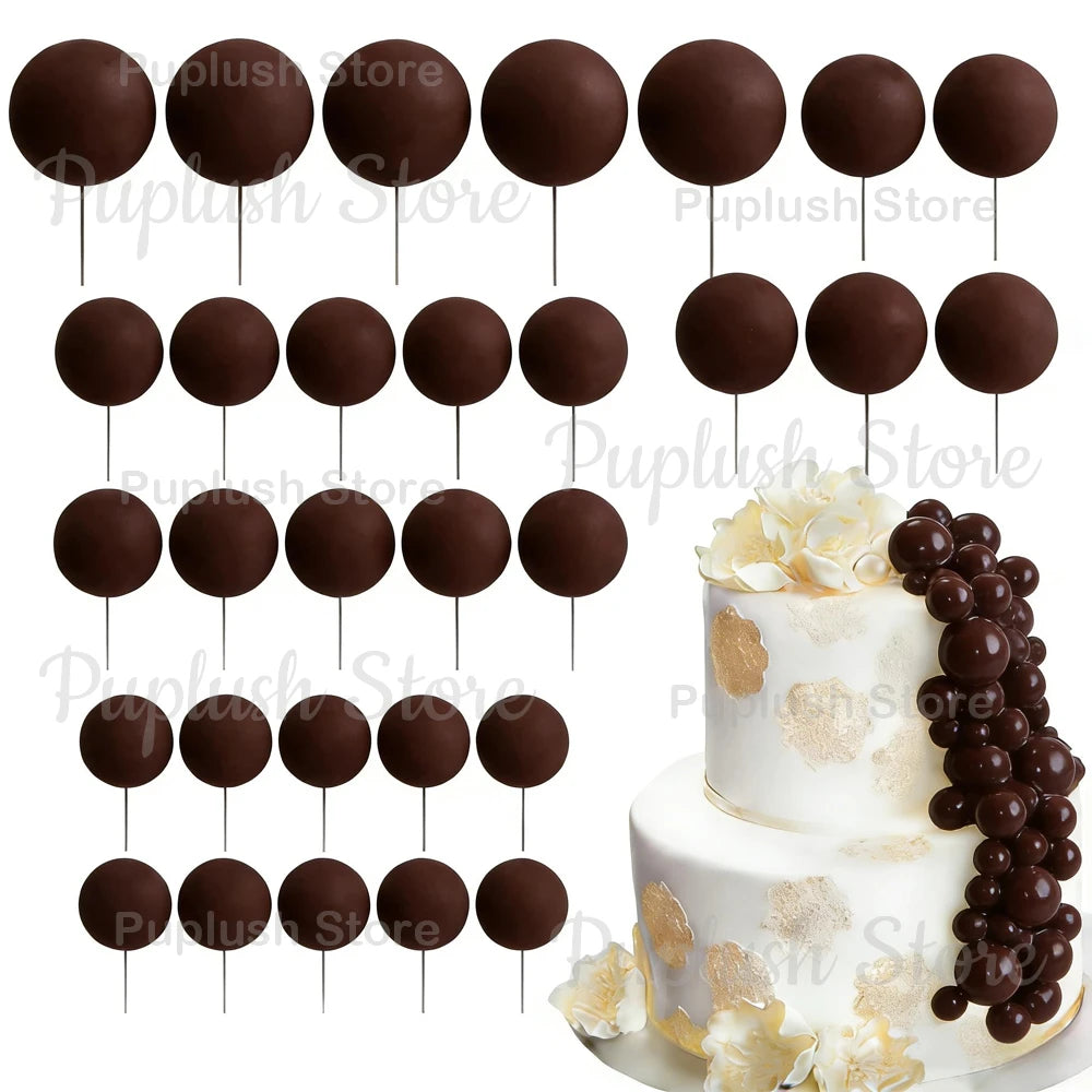 A set of dark brown spherical foam cake toppers arranged in rows.