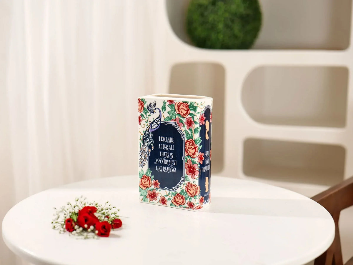Hand-Painted Ceramic Book Vase with Blooming Flowers