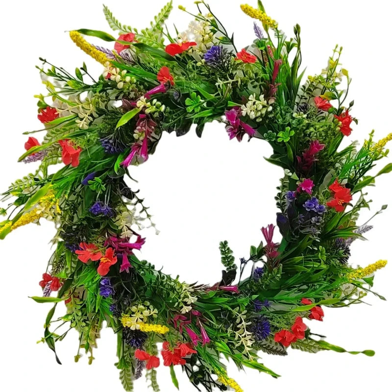 Artificial wildflower door wreath featuring colorful spring and summer flowers and greenery