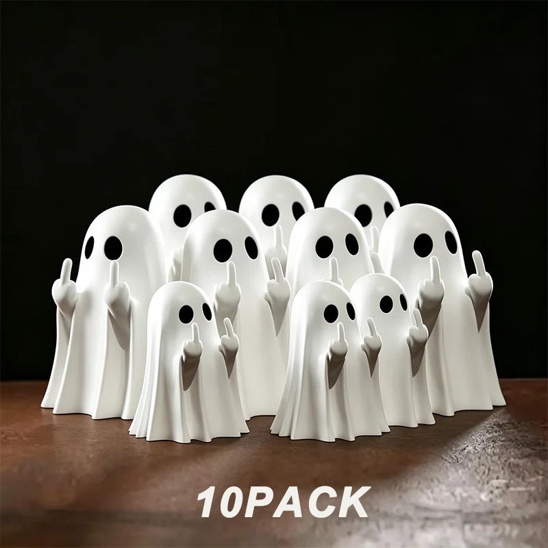 A pack of ten white ghost figurines with playful poses displayed on a dark surface.