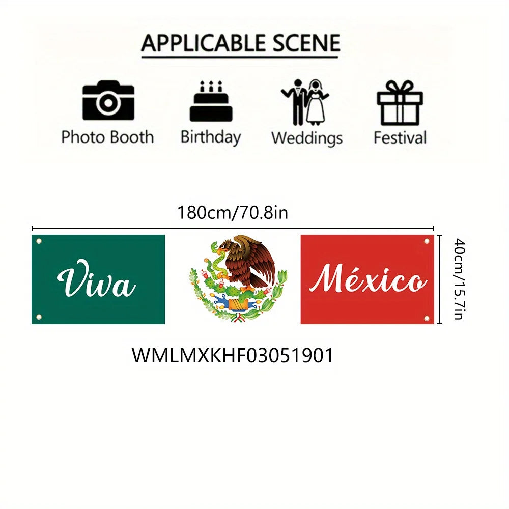 Rechteckiges Banner mit den Worten Viva und México, Darstellung eines Adlers und Lorbeerkranzes.