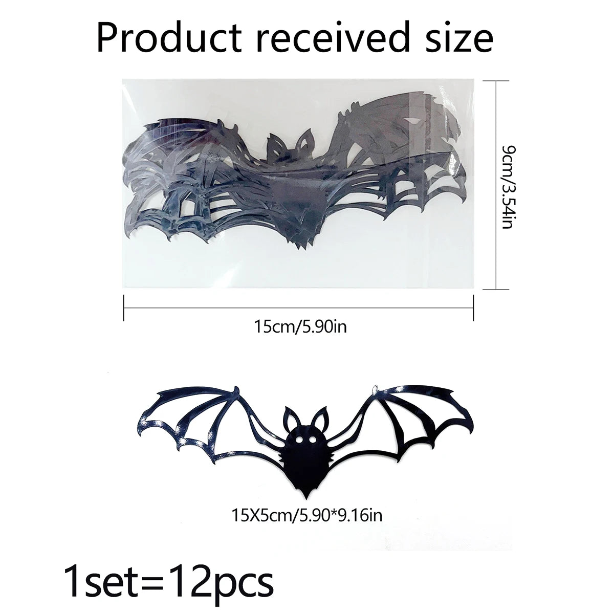 A set of twelve black bat-shaped wall decals shown in packaging with dimensions 15cm x 9cm.