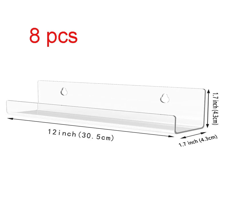 Eight clear acrylic floating record shelves, measuring 12 inches long and 1.7 inches deep.