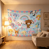 A colorful tapestry featuring cute pink and brown cartoon animals like elephants, bears, and dogs for bedroom decor.