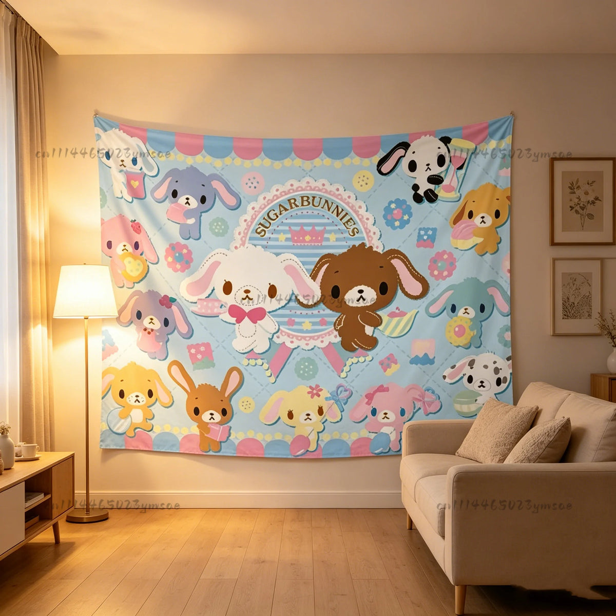 A colorful tapestry featuring cute pink and brown cartoon animals like elephants, bears, and dogs for bedroom decor.