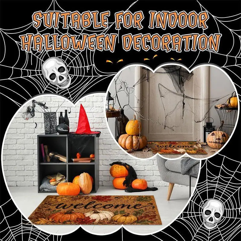 A vintage harvest pumpkin maple leaf doormat is shown in an indoor Halloween decoration context.