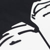 A black and white graphic design featuring stylized lines on a fabric, likely for an outdoor flag.