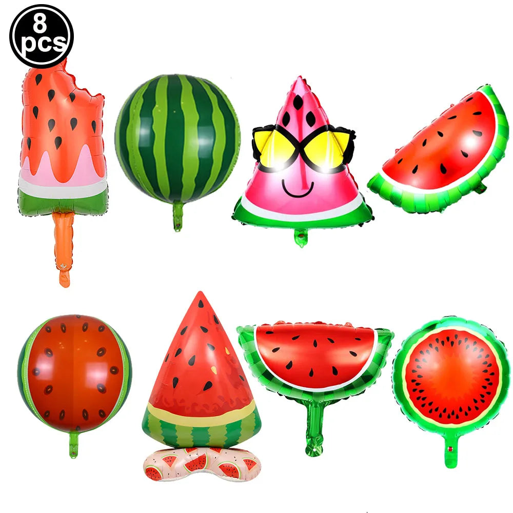 Set of eight colorful foil balloons with watermelon themes, including a large fruit and a slice.