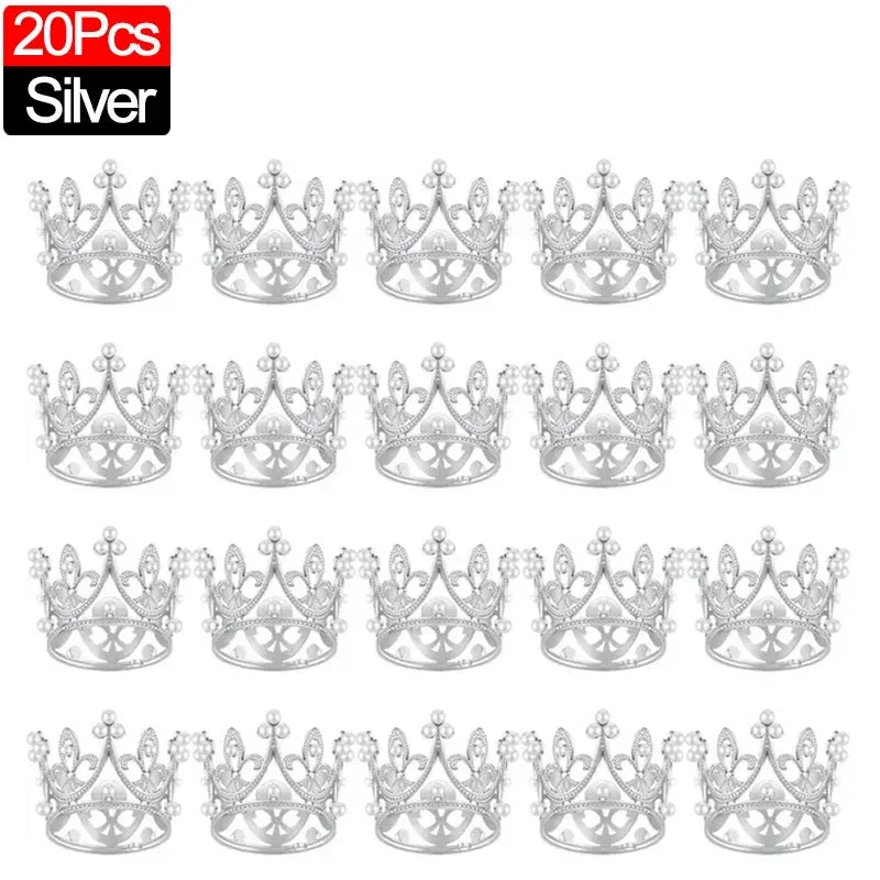 A set of 20 silver crown cake topper decorations.