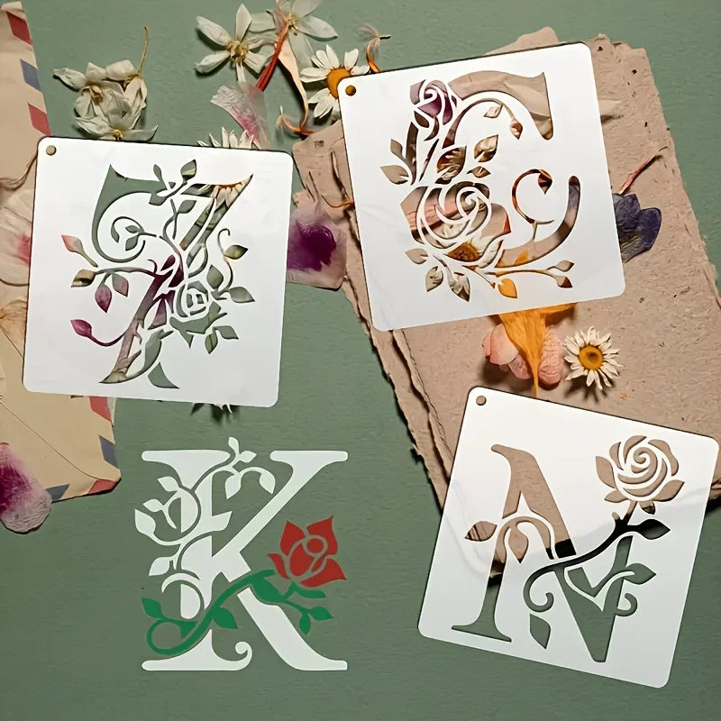 A collection of reusable floral alphabet stencils featuring the letters C, Z, K, and A, displayed on a textured green backgro