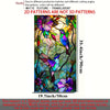 A 2D flat design of a hummingbird and floral pattern in stained glass style.
